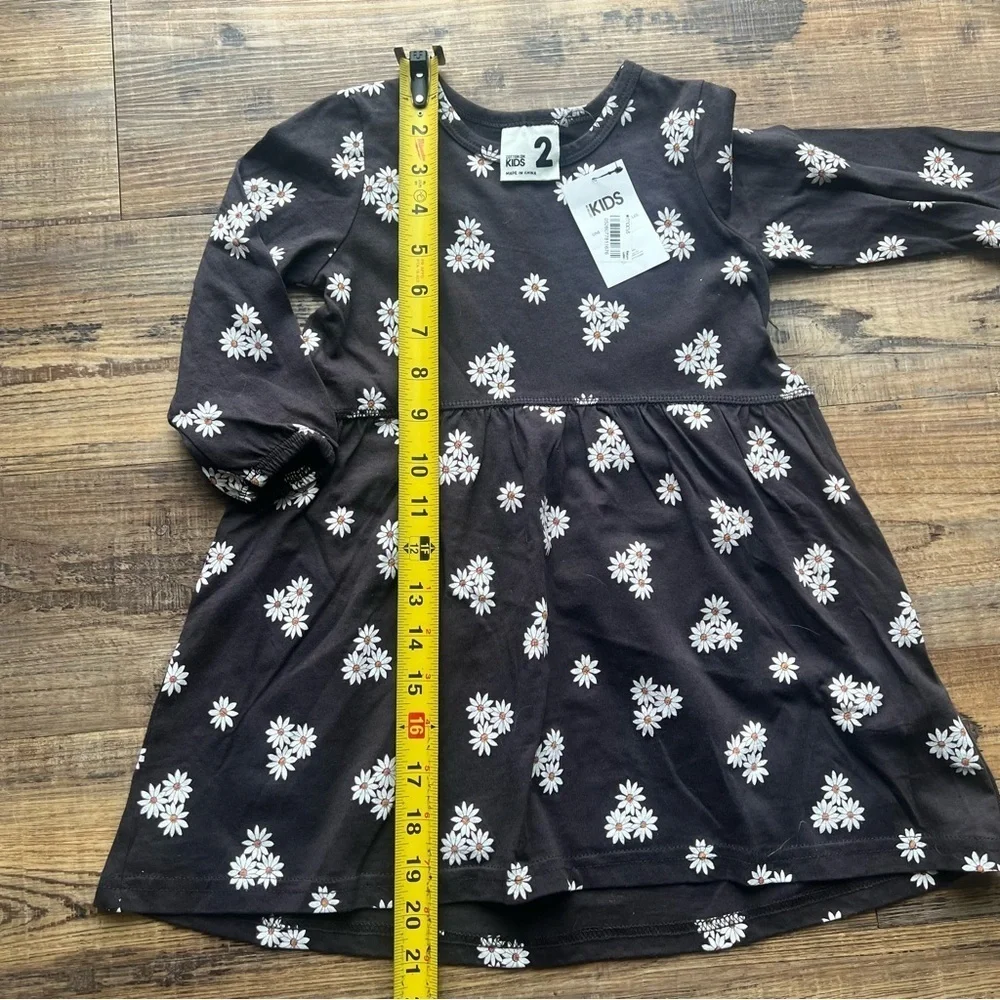 Cotton On Kids Girls Grey/Black Floral Daisy Long Sleeve Dress Fall Size 2 NWT